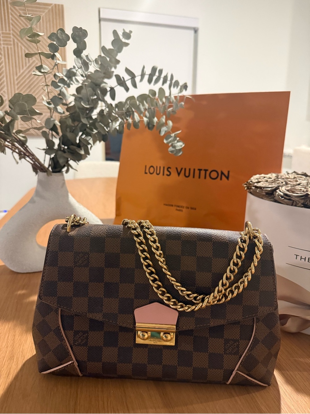 Louis Vuitton Damier Ebene Shoulder Bag with Pink Trim and Gold Chain